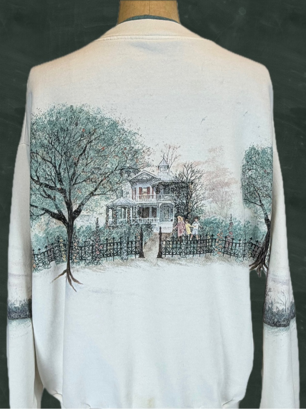 VINTAGE nostalgic countryside graphic house trees sweatshirt cardigan button 80s